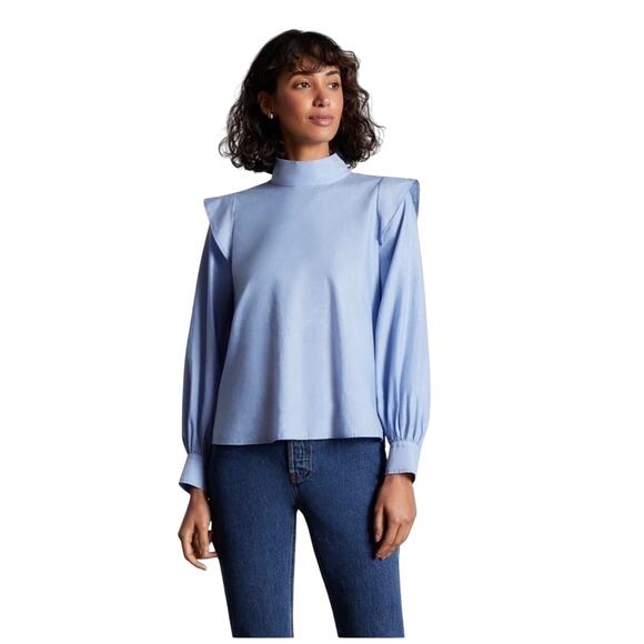 NWT EVERLANE Women’s Blue Wing Shoulder Bishop Sleeve Stand Collar Top - Picture 1 of 6